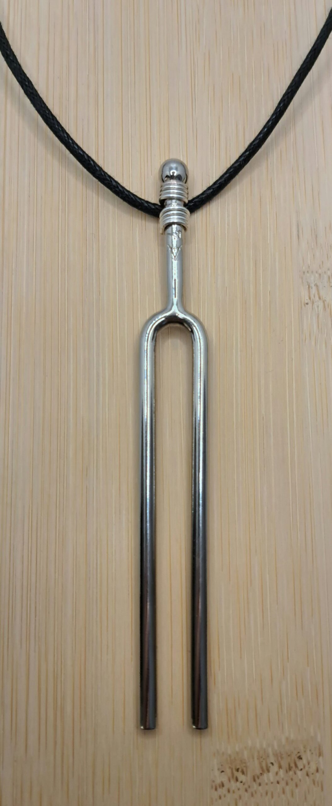 Handmade Tuning Fork Necklace with black leather cord, tuned to A440 Hz