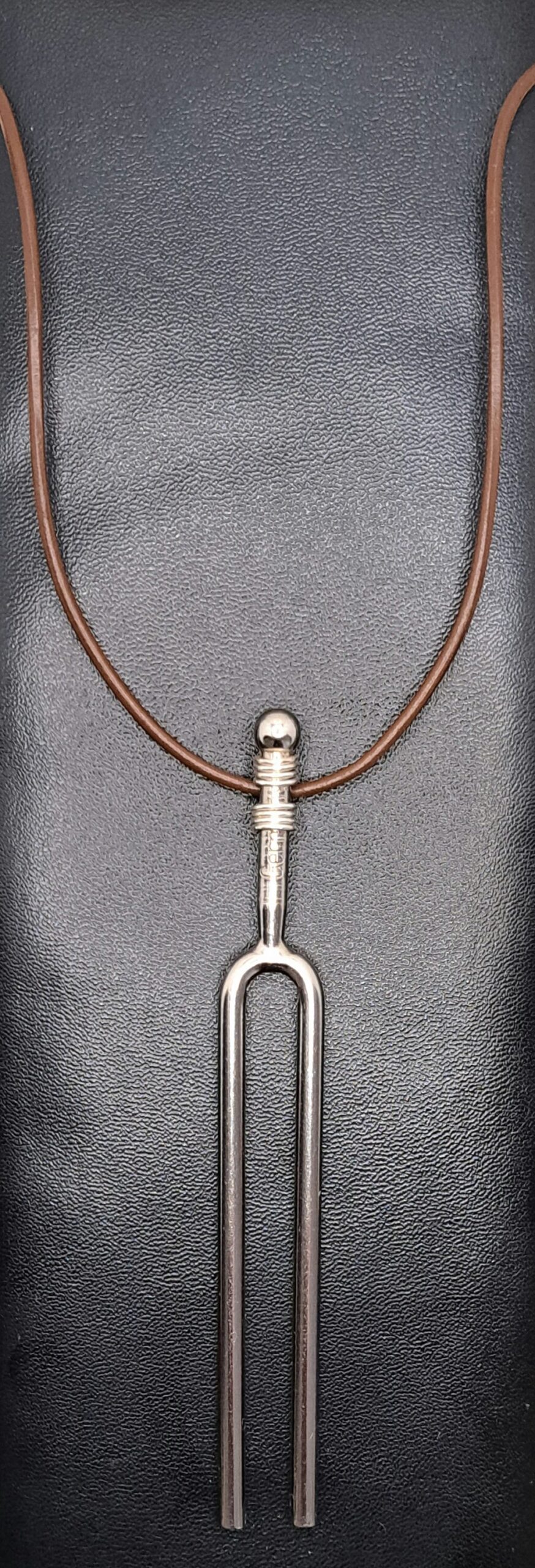 Handmade Tuning Fork Necklace with brown leather cord, tuned to A440 Hz